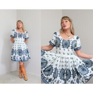 1970's Vintage Paisley Western Square Line Dance Twirl Dress ~ Women's XXS XS